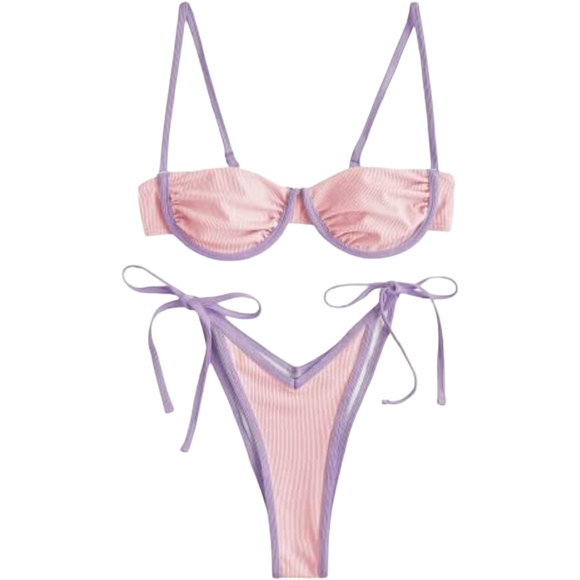 Zaful Other - NWOT Size Zaful Pink and Lavender Ribbed Tie-Side Bikini Swimsuit